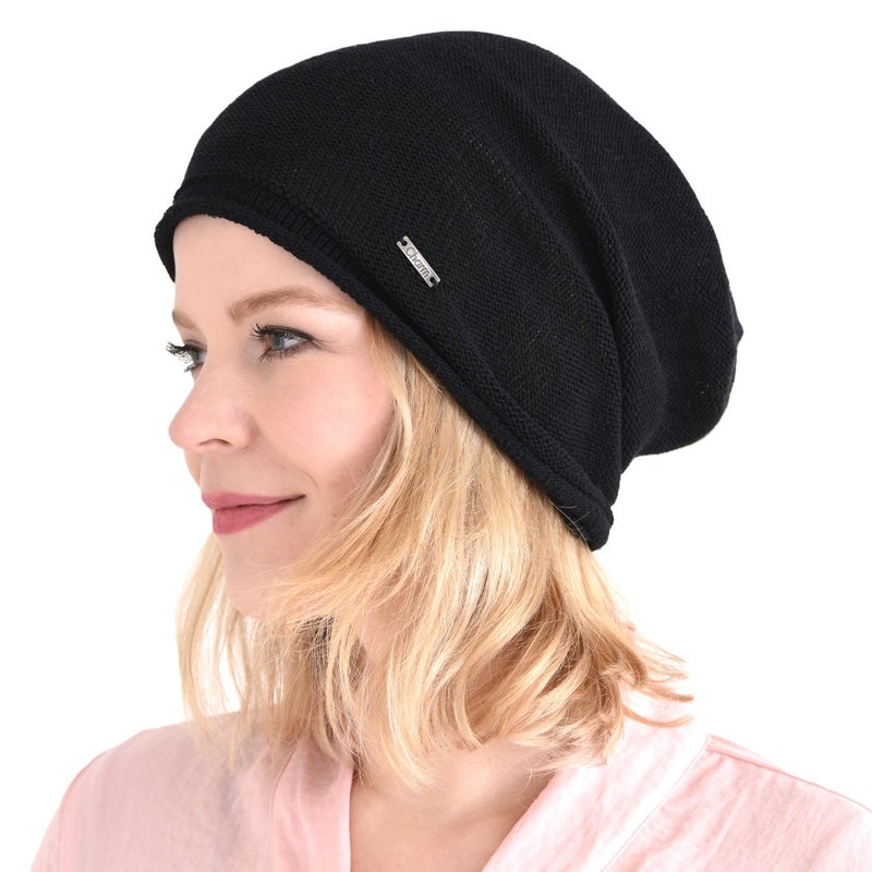 CHARM Men Slouchy Silk Beanie Hat - Women Slouch Chemo Cap Skull Knit Beanies Black - Image 1